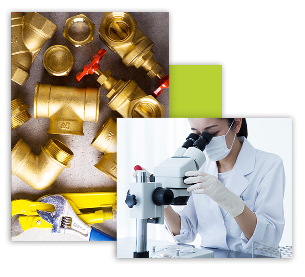 Plumbing samples and scientist using microscope